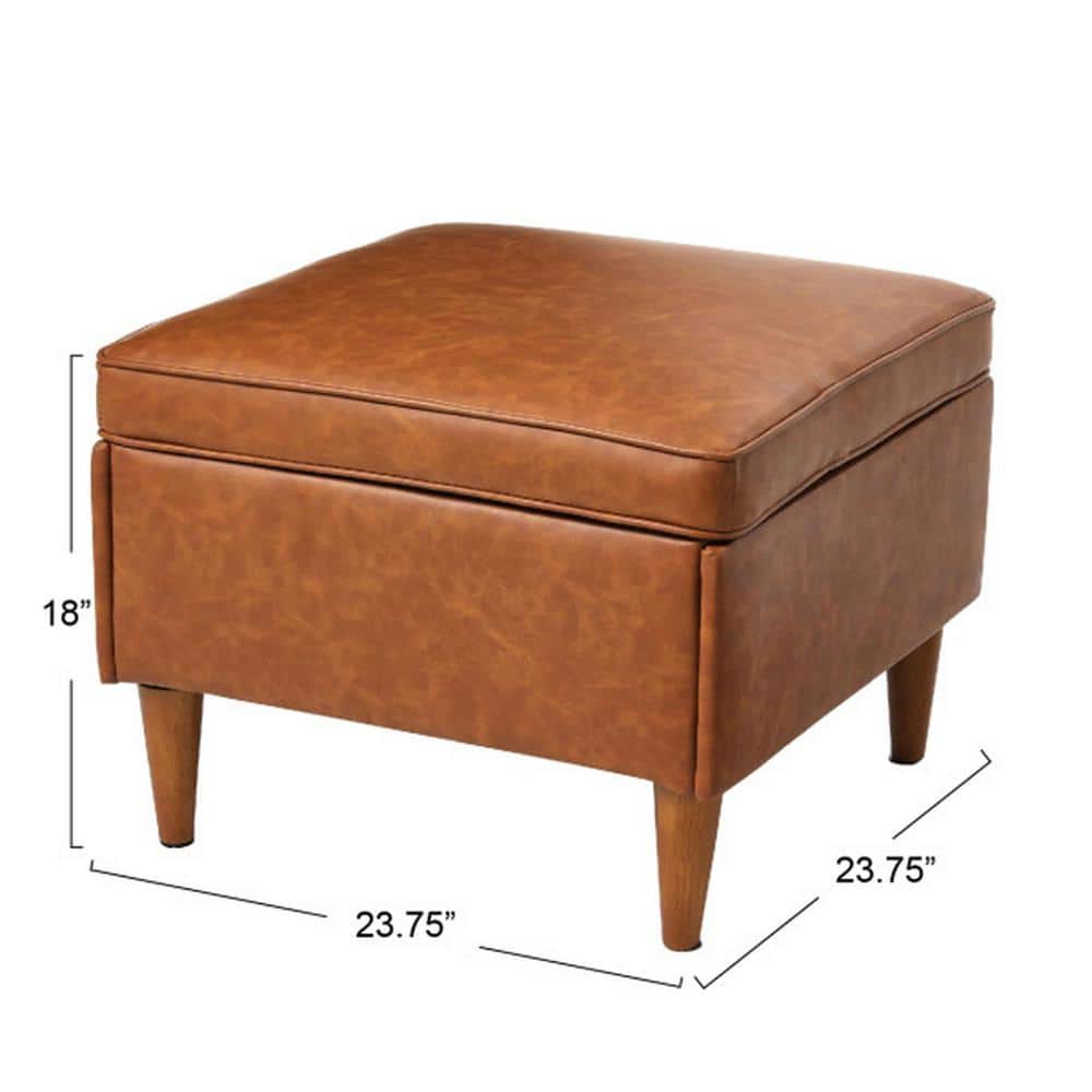 Atley Cognac Vegan Leather Storage Ottoman with Solid Wood Legs