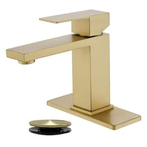 Single Handle Single Hole Bathroom Faucet with Deckplate&Drain Included, Square Bathroom Faucet in Brushed Gold