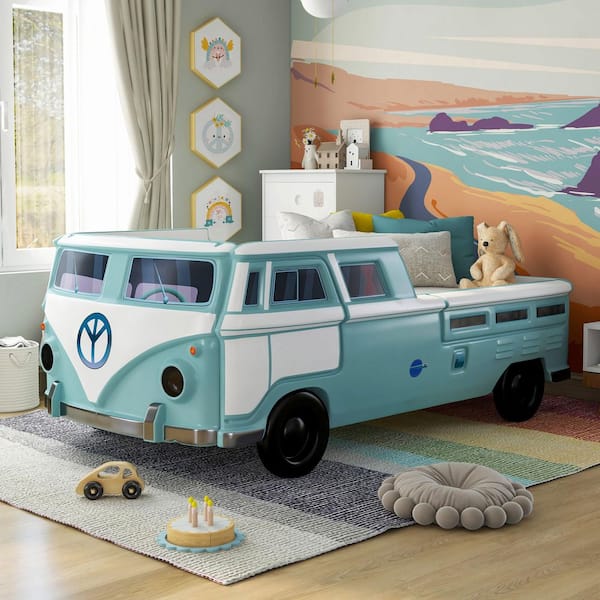 Bobby Teal Twin Classic Bus Platform Bed With LED Lights and Sounds