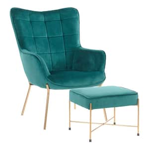 Izzy Gold Lounge Chair with Ottoman in Green Velvet