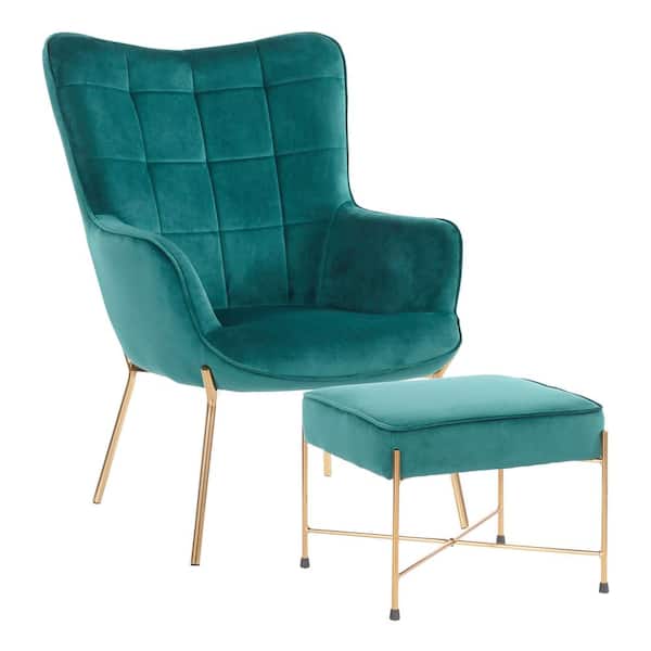 Lumisource Izzy Gold Lounge Chair with Ottoman in Green Velvet