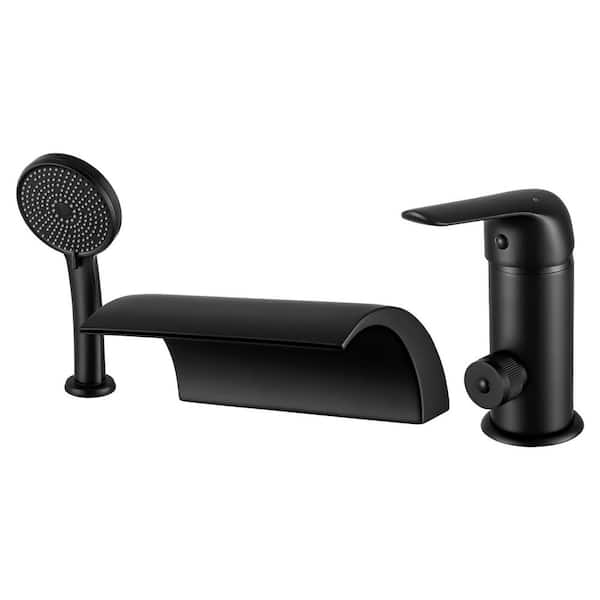 1-Handle Deck-Mount Waterfall Roman Tub Faucet with Handheld Shower in Matte Black