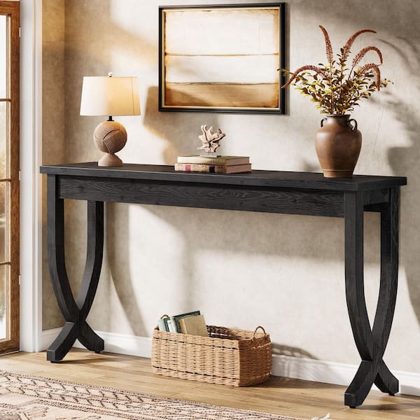 BYBLIGHT Turrella 63 in. Black Farmhouse Rectangle Solid Wood Console ...