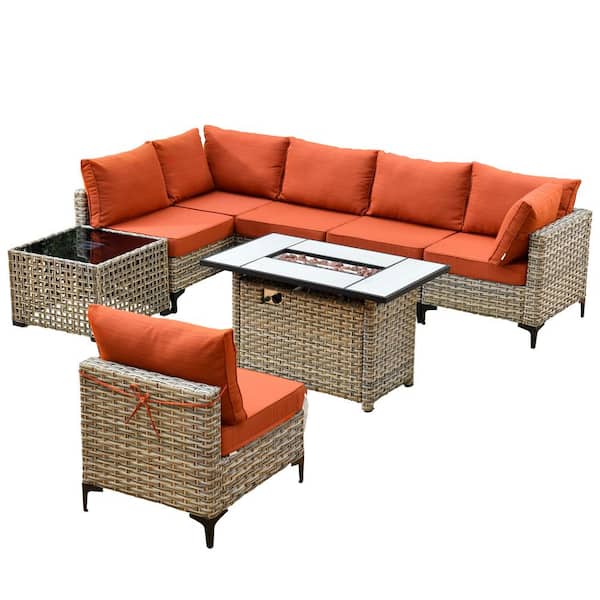 Holston 8-Piece Wicker Modern Outdoor Patio Rectangular Fire Pit Conversation Sofa Set with Orange Red Cushions