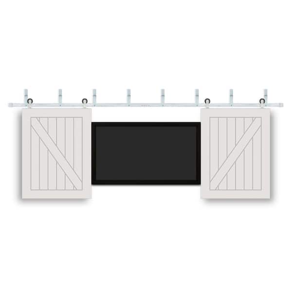 Pacific Entries 32 in. x 42 in. TV One Panel V-Groove Prefinished White Wood Interior Sliding Barn Door with Satin Nickel Hardware