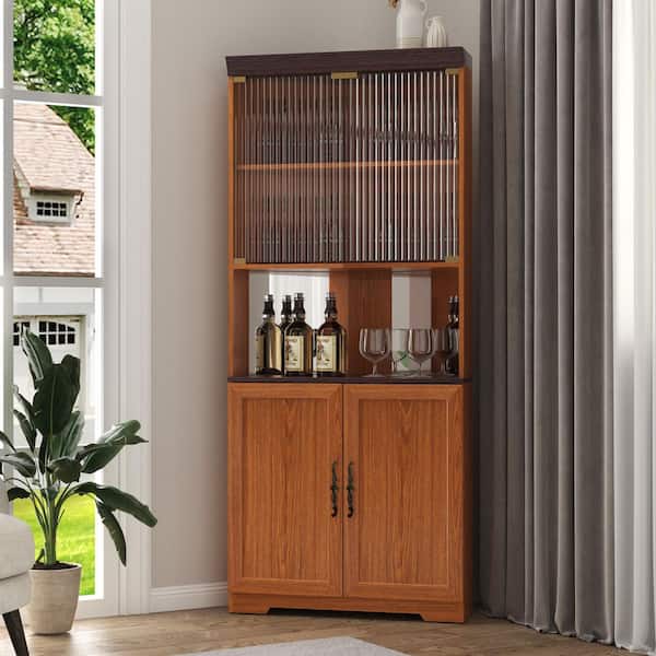 71 in. H Dark Oak Corner Cabinet 5 Tier Freestanding Display Cabinet with Glass Doors Mirrored Back for Living Room