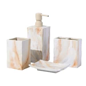 4-Piece Bathroom Accessory Set with Soap Dispenser, Tumbler, Soap Tray, Toothbrush Holder in Marble Beige