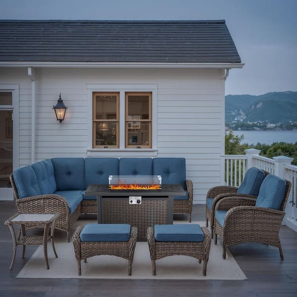 Carlos 8-Piece Patio Fire Pit Conversation Set with Lounge Chairs, 8-Seat Outdoor Sectional Sofa Set with Blue Cushions