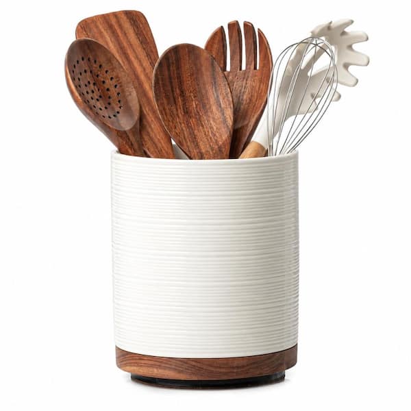 White Ceramic Utensil Holder with 360° Rotating Base and Extra-Large Capacity for Countertop