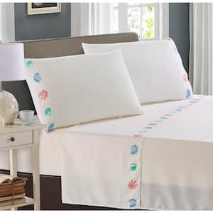 Colorful Embroidered Shells 4-Piece White Microfiber Full Sheet Set