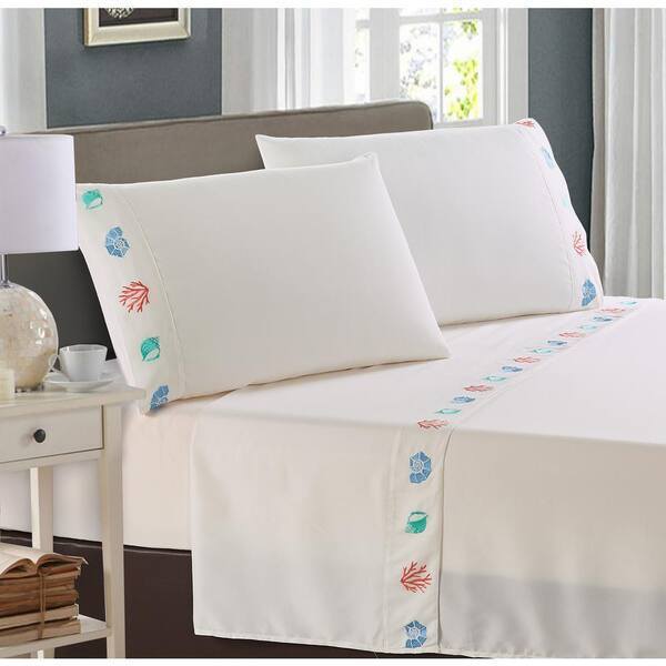 Harper Lane Colorful Embroidered Shells 4-Piece White Microfiber Full Sheet Set