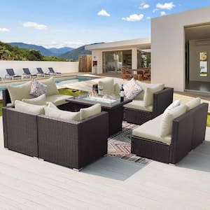 9-Piece Brown Wicker Patio Conversation Set Deep Sectional Seating Set with Beige Cushions and Fire Pit Table