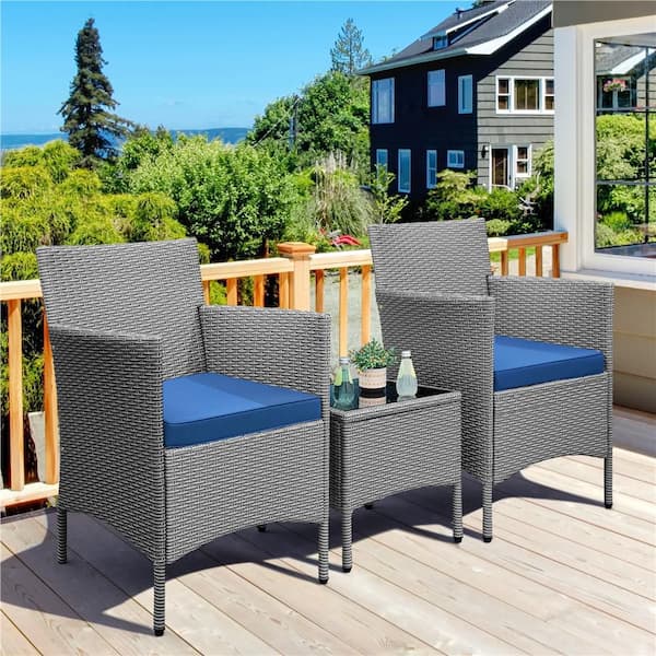 3-Piece Rattan Furniture Set Outdoor Wicker with Dark Blue Cushions and 1 Side Table for Bistro Porch Garden