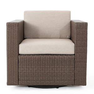 Puerta Light Brown Swivel Faux Rattan Outdoor Patio Lounge Chair with Ceramic Grey Cushion