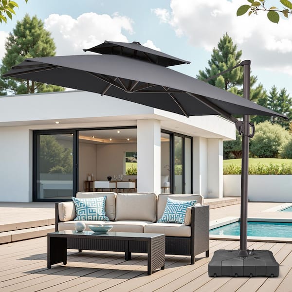 Pellebant 2-Tier Top 9.5 ft. Square Cantilever 360° Swivel Patio Umbrella in Gray with Fillable 260 lbs. Umbrella Base Stand