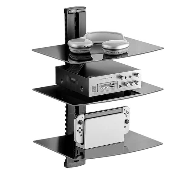 VEVOR Glass Floating Shelves, Holds up to 18 lbs., TV Wall Mount with Shelf，Strengthened Floating Entertainment, 3 Tiers