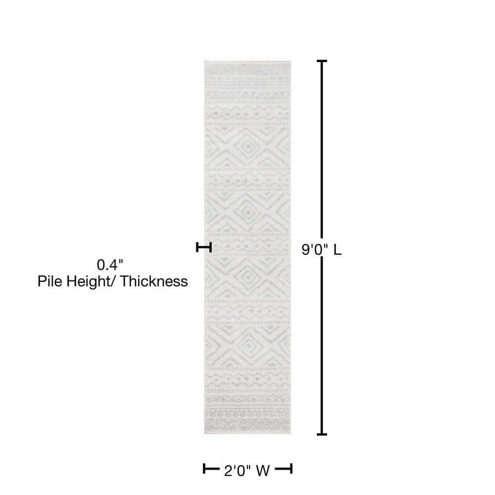 Ivory and Light Grey Geometric Synthetic Runner Rug, 2' x 9'
