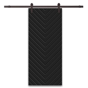 Herringbone 36 in. x 84 in. Fully Assembled Black Stained MDF Modern Sliding Barn Door with Hardware Kit