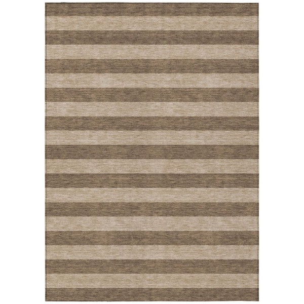 Coffee 5 ft. x 8 ft. Woven Striped Polyester Rectangle Indoor / Outdoor Area Rug