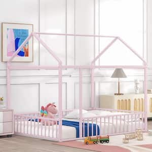 Pink Full Size Metal House Bed Floor Bed with Fence Guardrails