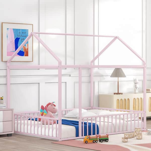 Harper & Bright Designs Pink Full Size Metal House Bed Floor Bed with Fence Guardrails