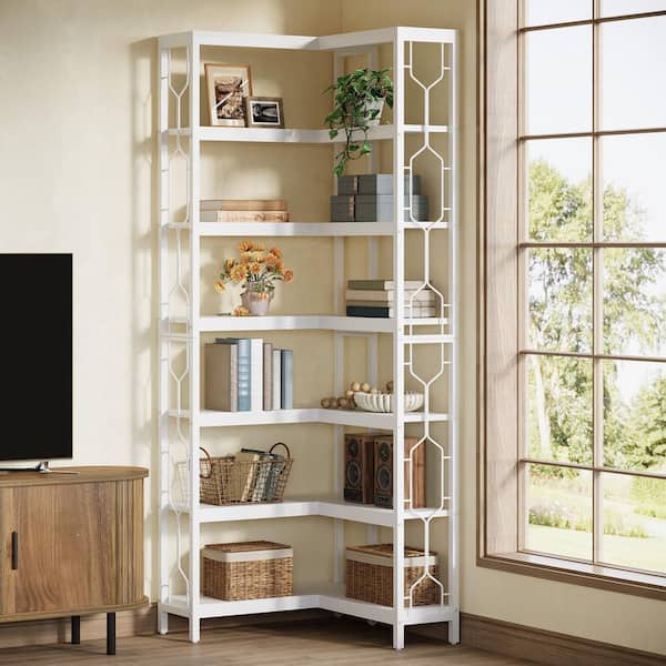78.7 in. Tall White Engineered Wood 7-Shelf Corner Bookcase, Tall Bookshelf Corner Shelf Rack for Home Office