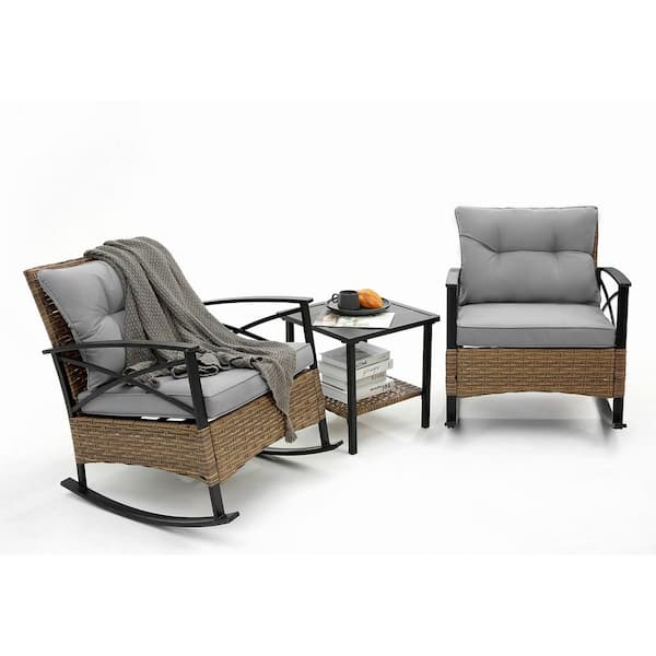 Tunearary 3-Piece Patio Brown Wicker Outdoor Rocking Chair with Gray Cushions and Table