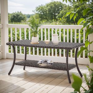 Brown Rectangle Wicker Outdoor Coffee Table with Lower Storage Shelf PE Rattan Side Table for Patio