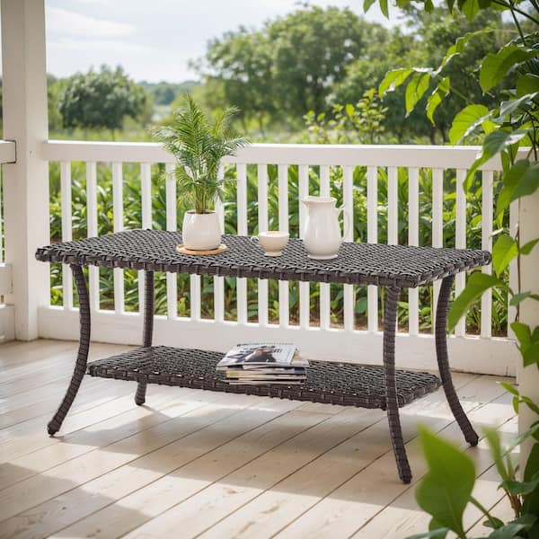 Brown Rectangle Wicker Outdoor Coffee Table with Lower Storage Shelf PE Rattan Side Table for Patio