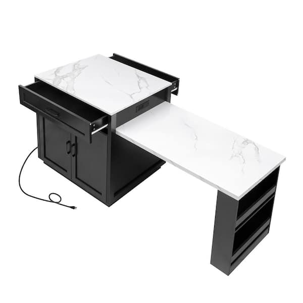 FUNKOL Black MDF Wood 27.6 in. W Rolling Kitchen Island with Extendable Dining Table with 2 Drawers and Power Outlet