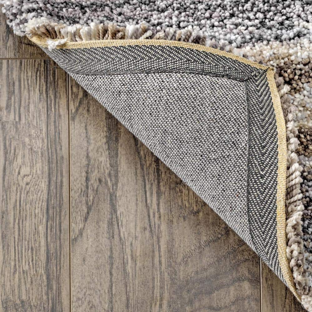 Beige Striped Handmade Shag Area Rug 9' x 12'