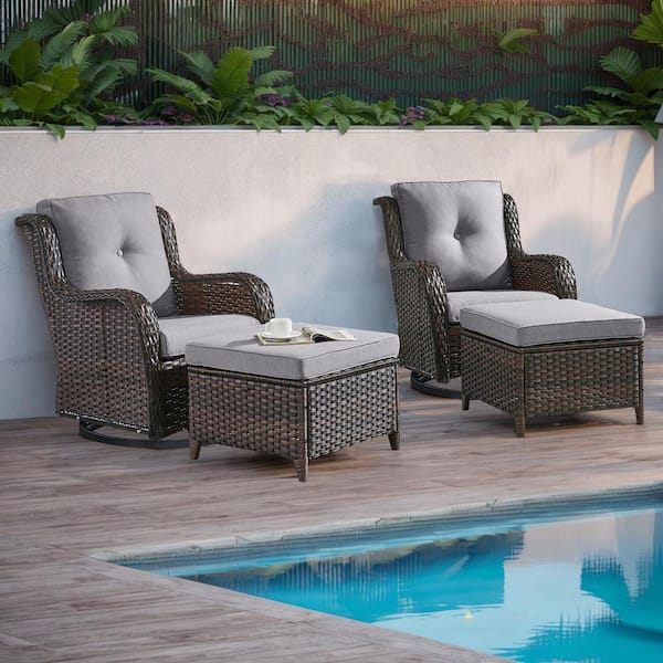 moosprr 4-Piece Brown Wicker Outdoor Swivel Glider with Gray Cushions and Matching Ottomans Rocking Chairs for Patio or Garden
