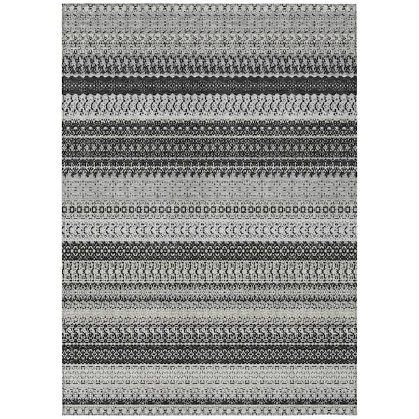 Black 8 ft. x 10 ft. Woven Striped Polyester Rectangle Indoor / Outdoor Area Rug