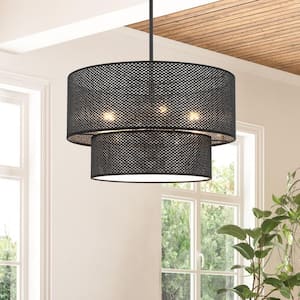 20 in. 4-Light Black Drum Shaded Chandelier with 2-tier Fabric Shade