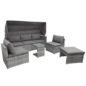 5-Pieces Wicker Outdoor Sectional Conversation Sofa Set with Canopy and Tempered Glass Side Table, Gray Cushions