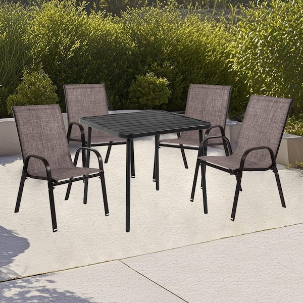 Otryad Metal Outdoor Dining Chair with Armrest and High Backrest in Brown Set of 4 for Garden, Patio, Pool, Beach, Yard