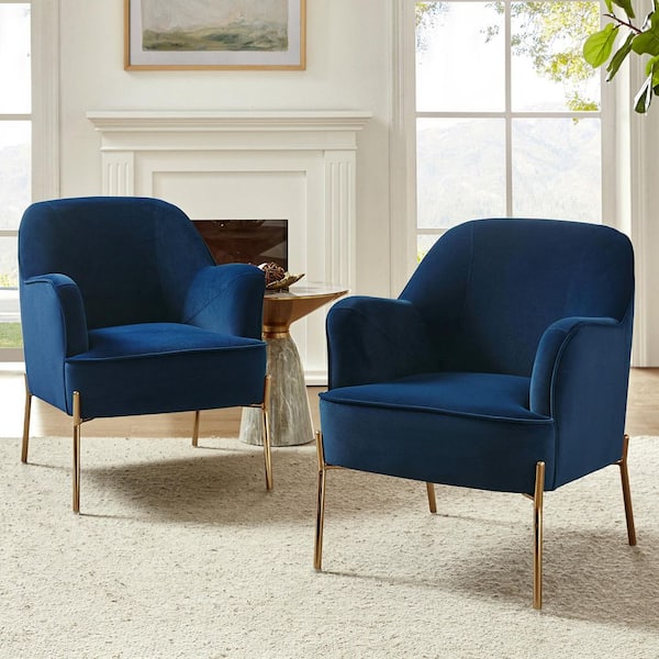 JAYDEN CREATION Nora Modern Navy Velvet Accent Arm Chair with Gold Metal Legs Set of 2