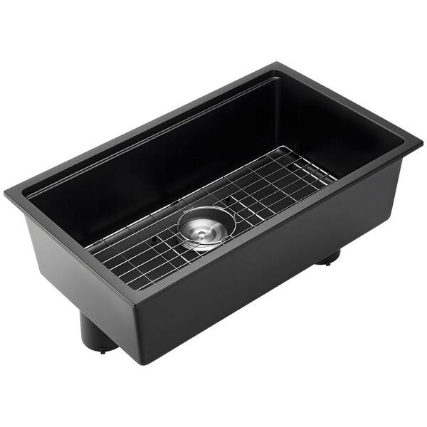 36.42 in. Drop-In Single Bowl No Gauge Applicable Black Quartz Kitchen Sink and Basin Rack