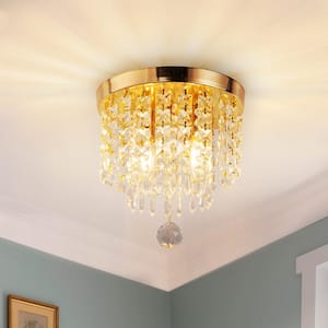 9.84 in. 2-Light Gold Crystal Traditional Flush Mount with Crystal Glass Shade and No Bulbs Included