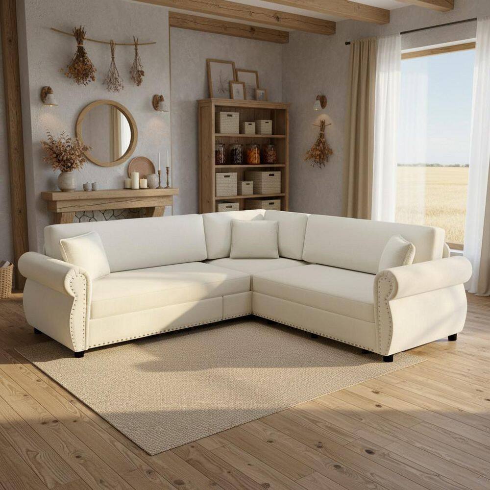 HULU 88.2 in. L-Shaped Chenille Sectional Sofa with Queen Sleeper and Rolled Arms in Alabaster White price history on PriceWatchPro