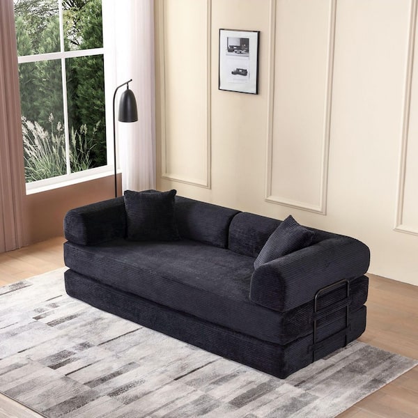 78 in. W Black Fabric King Sofa Bed with Cylindrical Pillow-Corduroy Folding Mattress for Living Room, Bedroom