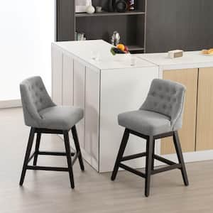 29 in. Grey Fabric Upholstered Bar Height Swivel Bar Stool with Solid Wood Frame (Set of 2)