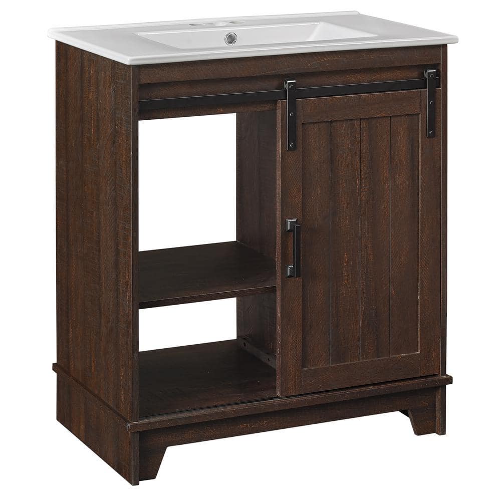 Antique Brown Cherry 30" Farmhouse Sliding Barn Door Bathroom Vanity