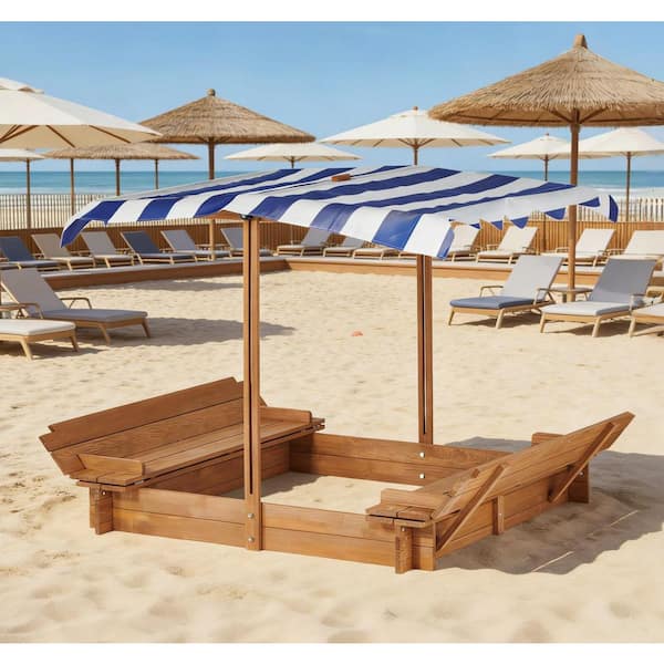 3.8 ft. W x 3.8 ft. L Solid Wood Square Sandbox with Adjustable Cover and 2-Foldable Bench Seats