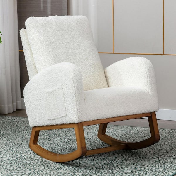 Modern White Teddy Solid Wood Rocking Arm Chair with Rubber Pad and Side Pocket