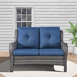 Gray PE Wicker Outdoor Loveseat with Blue Cushions