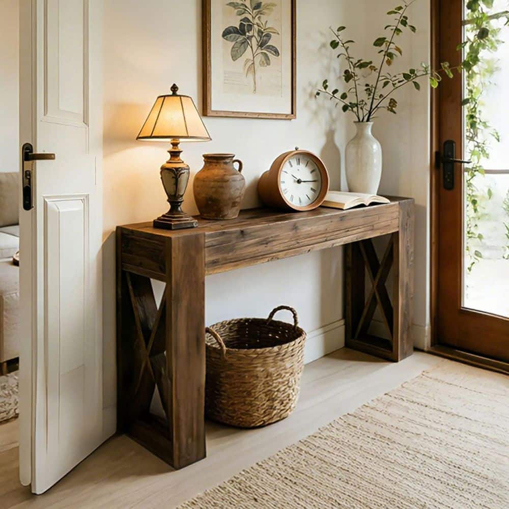 Turrella 63 in. Brown Rectangle Solid Wood Farmhouse Console Table Sofa Table Behind Couch for Entryway, Living Room