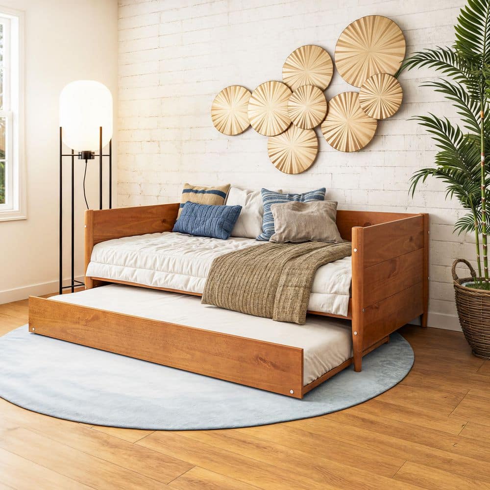 Mid-Century Pine Twin Daybed with Trundle and Wood Slats