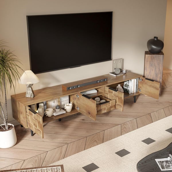 Ardith 78.70 in. Natural TV Stand Fits TVs up to 85 in. with Storage Cabinets, Doors and Drawers