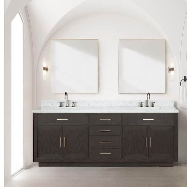 Lexora Condor 84 in W x 22 in D Brown Oak Double Bath Vanity and Carrara Marble Top